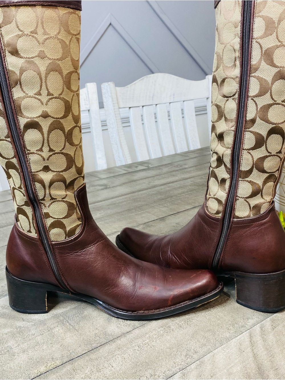 Coach Chrissi Signature Jacquard Leather Tall Riding Boots Brown Burgundy Sz 8 - Picture 7 of 10